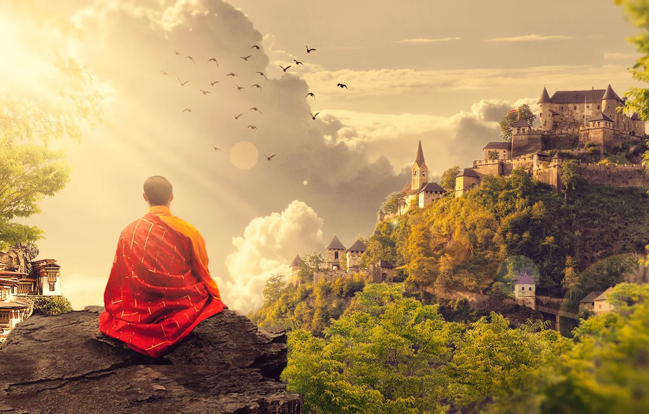 Photo wallpaper meditation, panorama, monk, temple, Buddha, panorama, monk, Buddhism