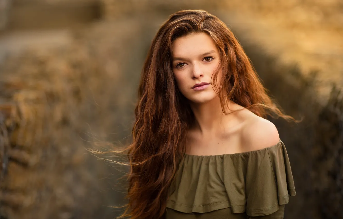 Photo wallpaper girl, portrait, red, shoulders, curls, ruffles, Michel Keppens