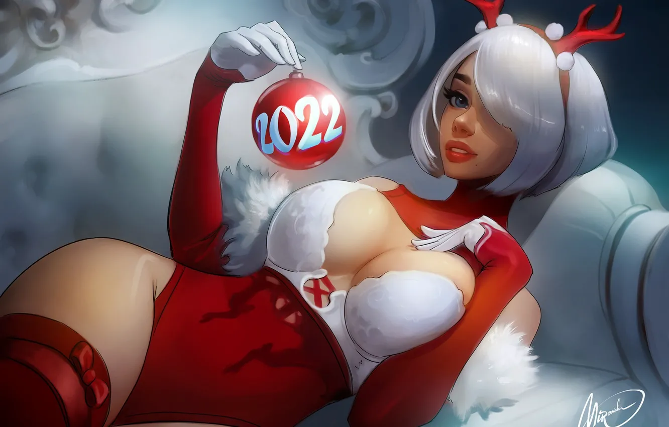 Photo wallpaper women, drawing, couch, silver hair, globes, Mironishin Story, 2B (Nier Automata)