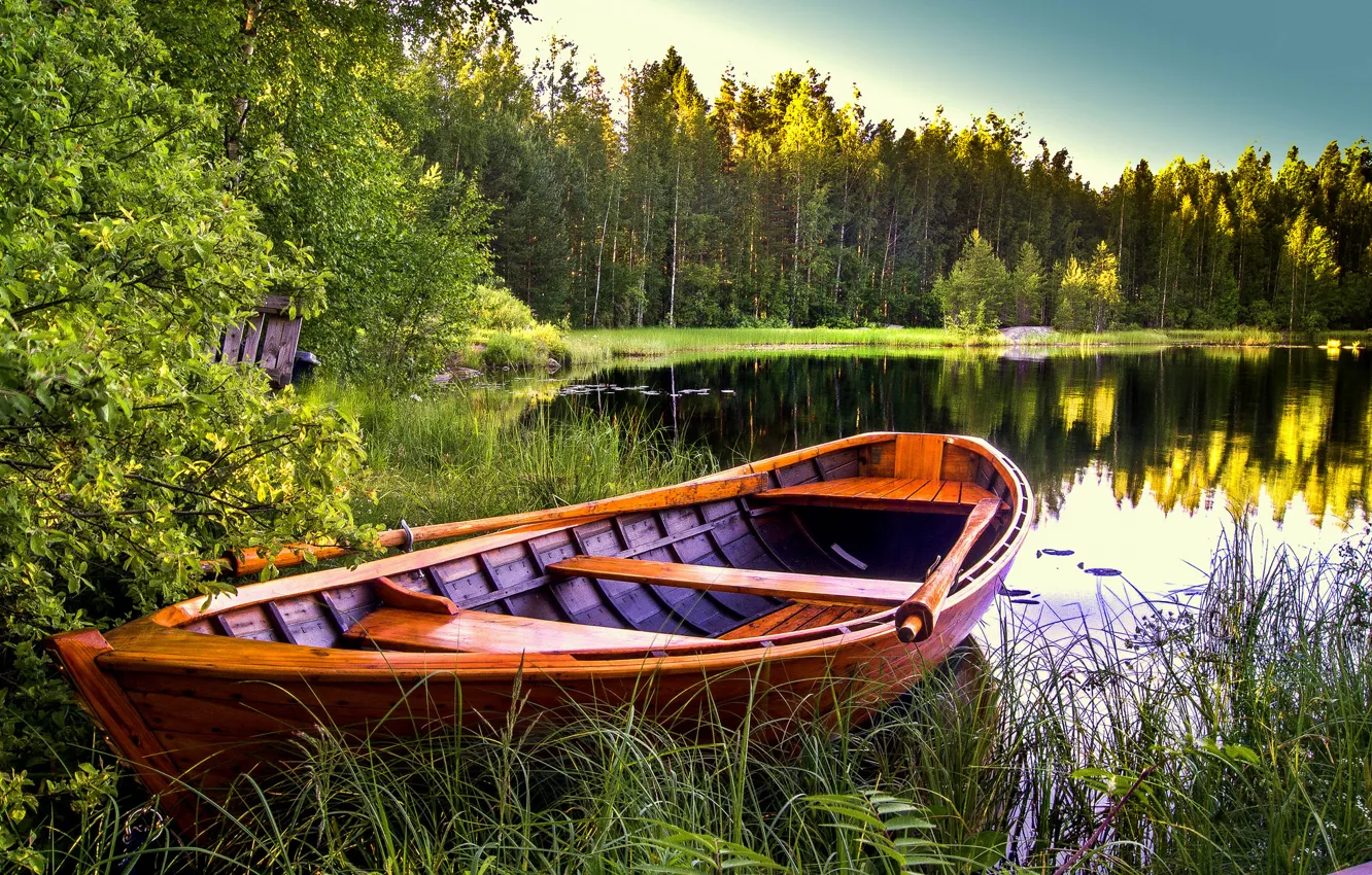 Photo wallpaper trees, landscape, nature, lake, boat