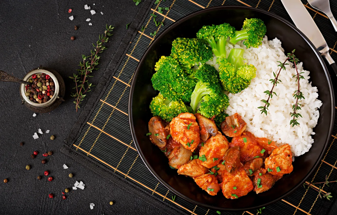 Photo wallpaper the dark background, mushrooms, chicken, spoon, knife, meat, pepper, figure