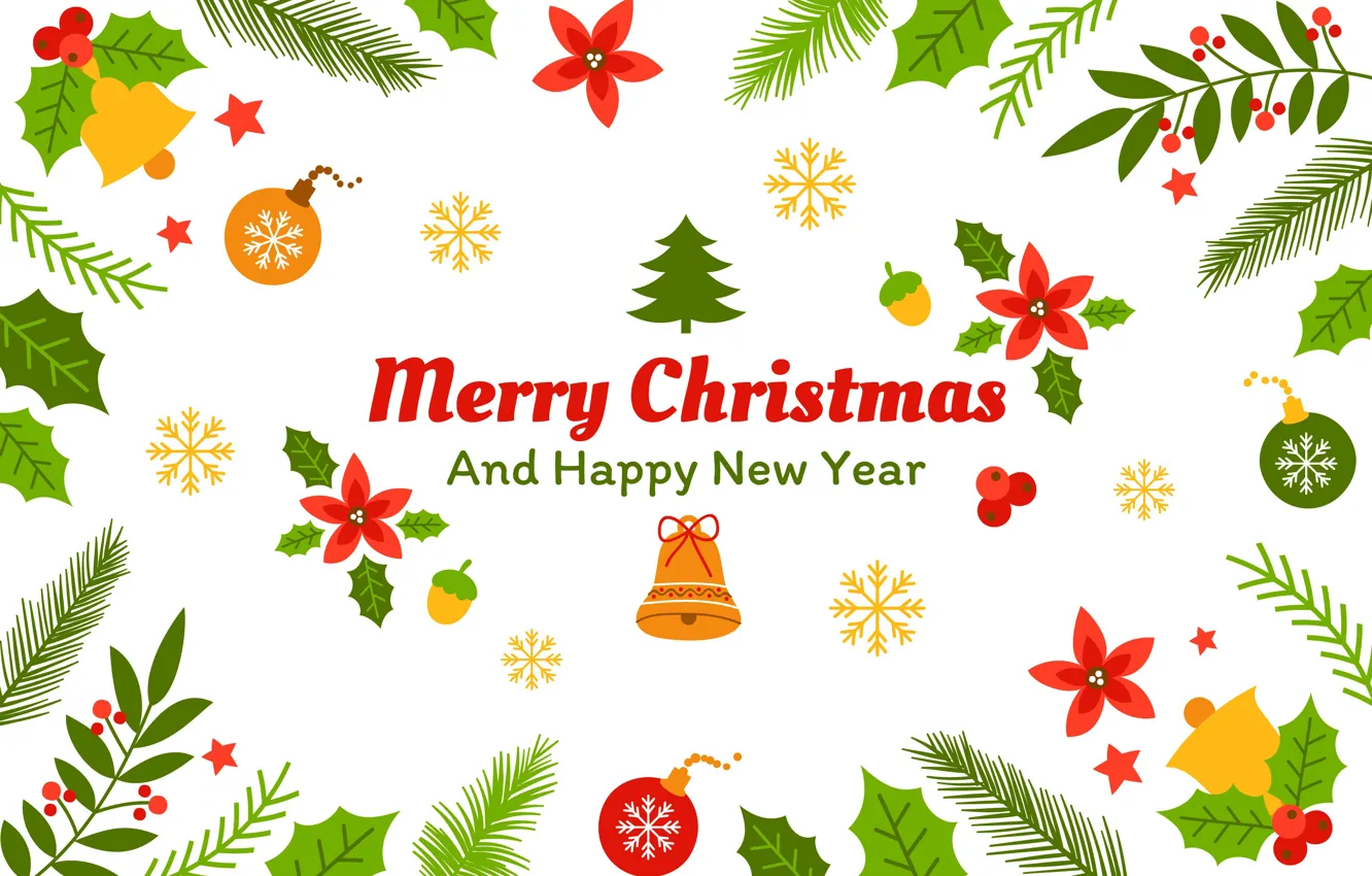 Photo wallpaper leaves, balls, flowers, branches, the inscription, new year, Christmas, white background