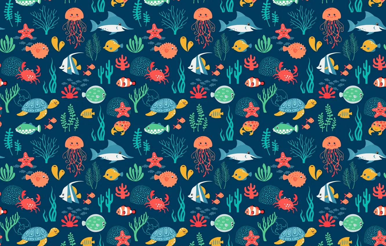 Photo wallpaper sea, turtle, fish, shark, jellyfish