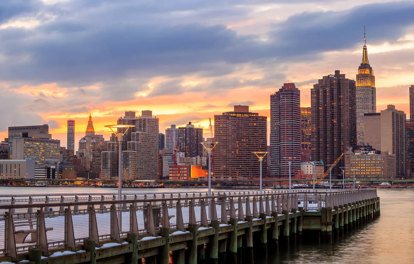 Photo wallpaper snow, river, home, New York, skyscrapers, pier, USA, promenade