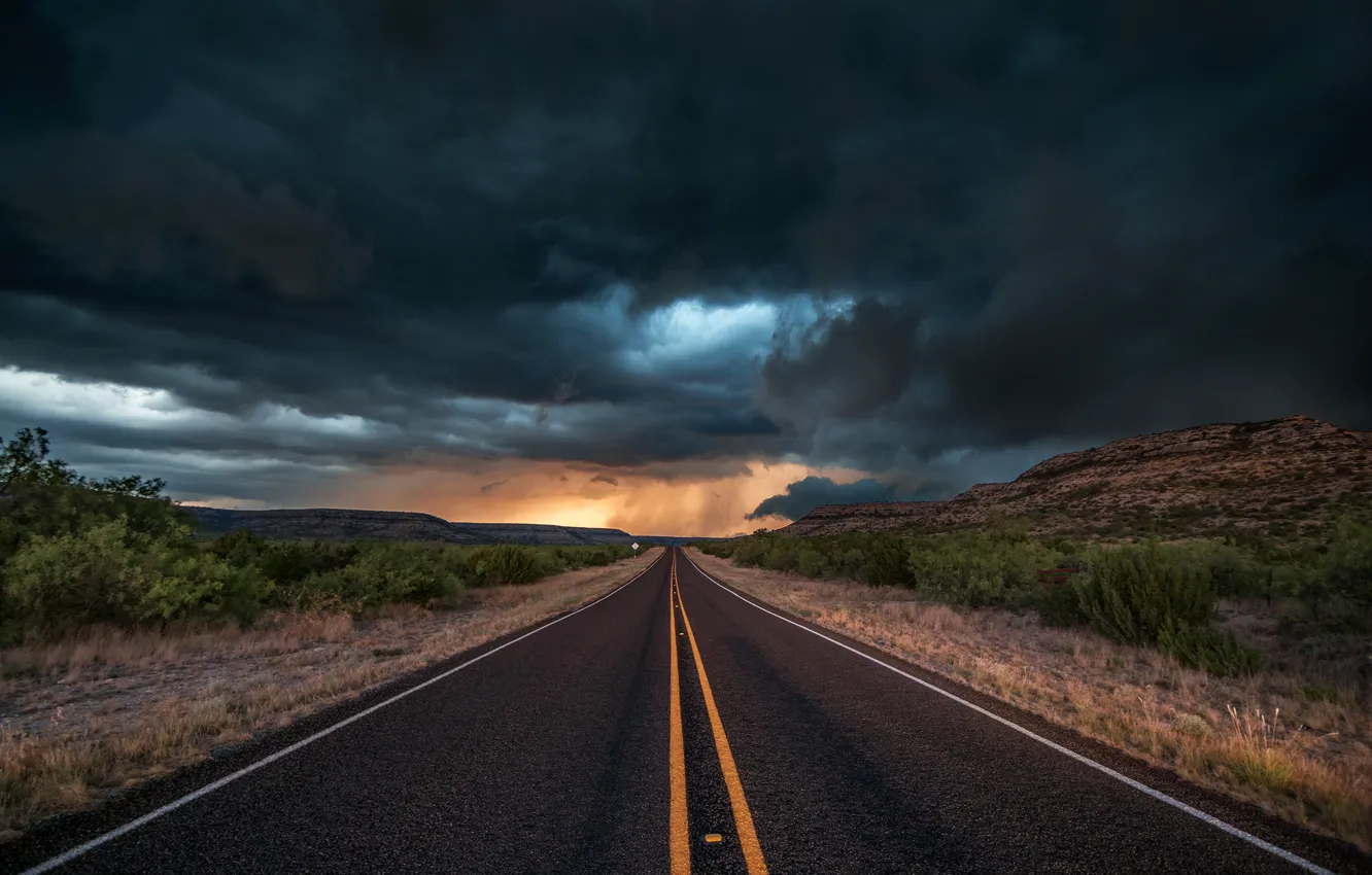 Photo wallpaper road, asphalt, clouds, clouds, storm, nature, the evening, USA