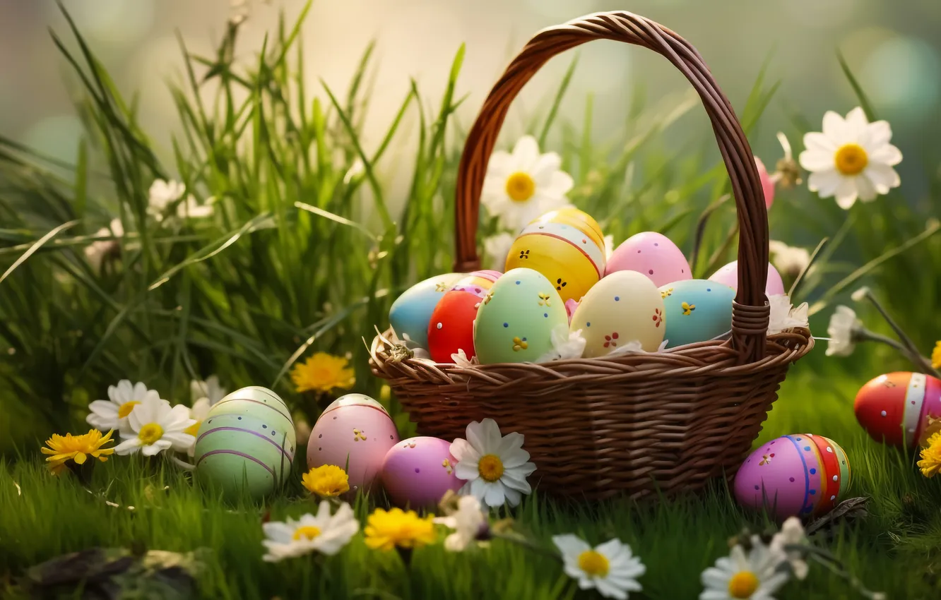 Photo wallpaper flowers, basket, glade, eggs, spring, colorful, Easter, flowers