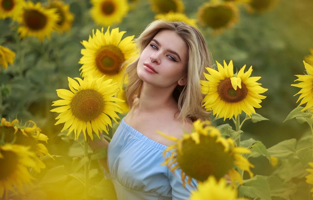 Photo wallpaper dress, nature, model, women, blonde, sunflowers, blue dress, women outdoors