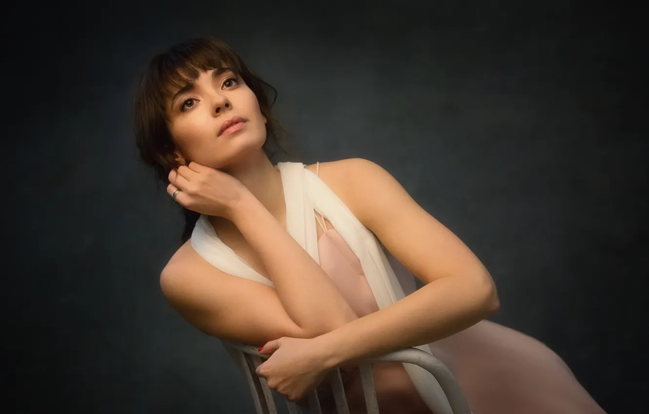 Photo wallpaper pose, brunette, chair, beautiful girl, brown eyes, femininity, Alexey Nazarov, charming