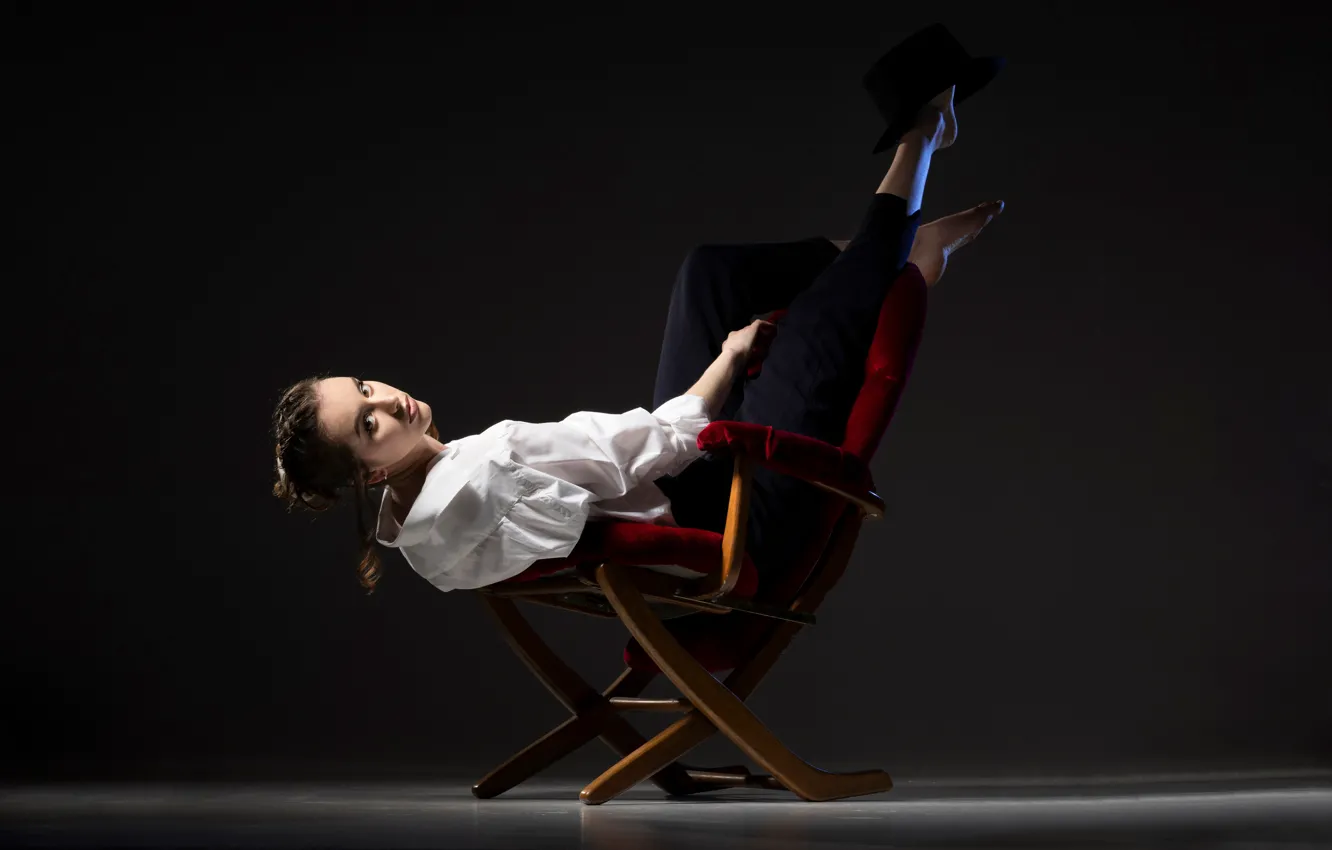 Photo wallpaper look, chair, hat, barefoot, beautiful girl, the dark background, white blouse, feet up