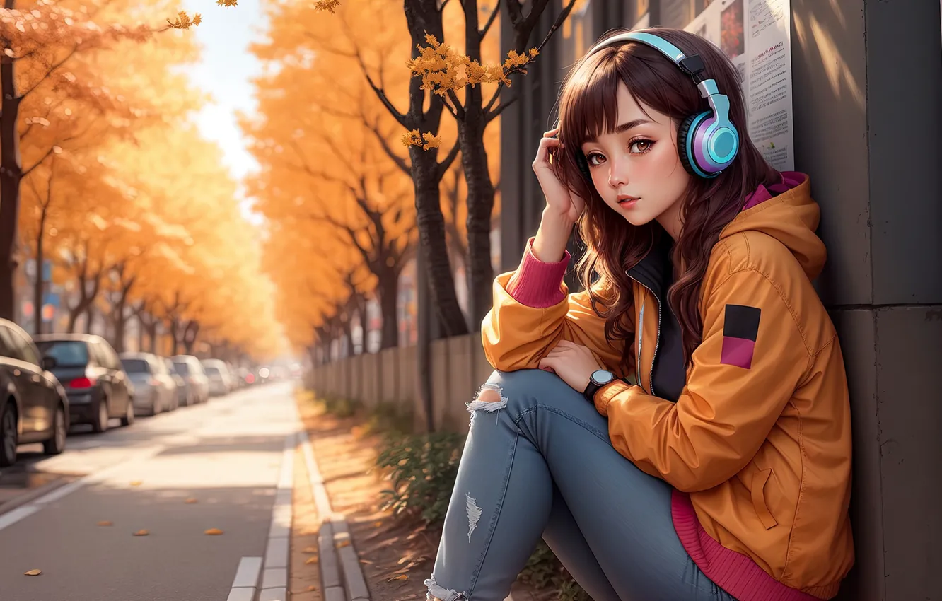 Photo wallpaper girl, anime, art, autumn, street, nice