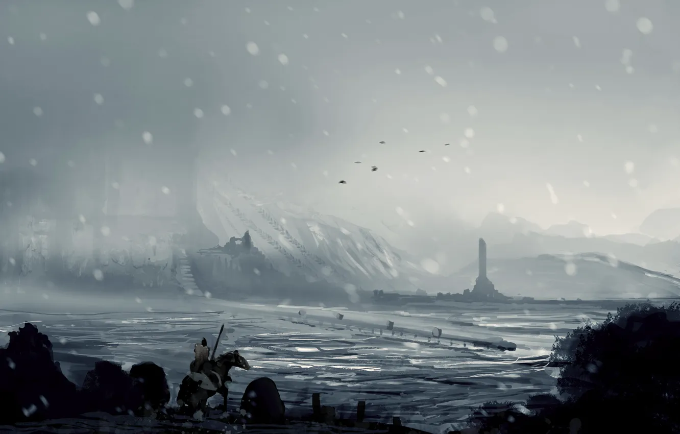 Photo wallpaper cold, winter, snow, mountains, the city, horse, valley, art