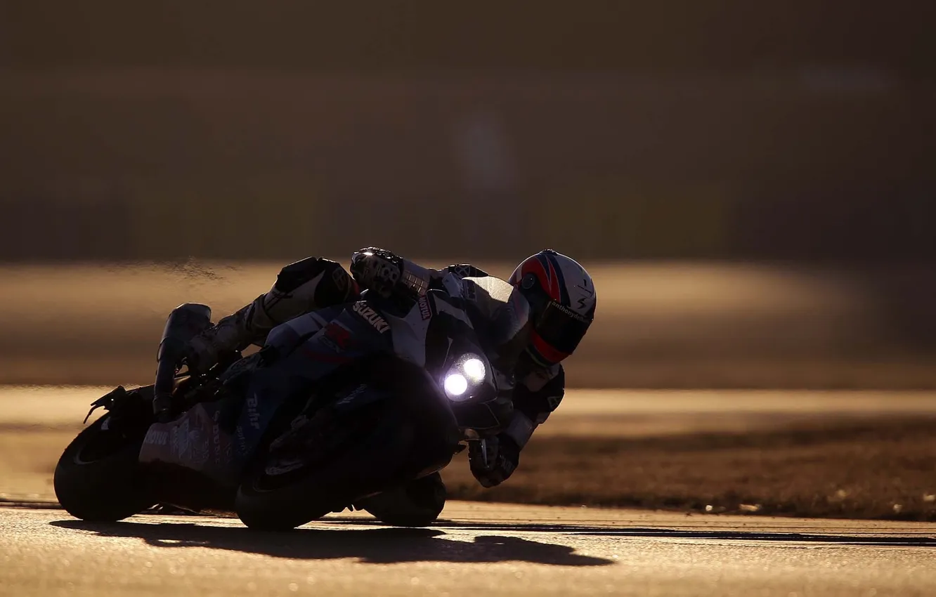 Photo wallpaper background, turn, motorcycle, suzuki, racer, Suzuki, Anthony Delhalle