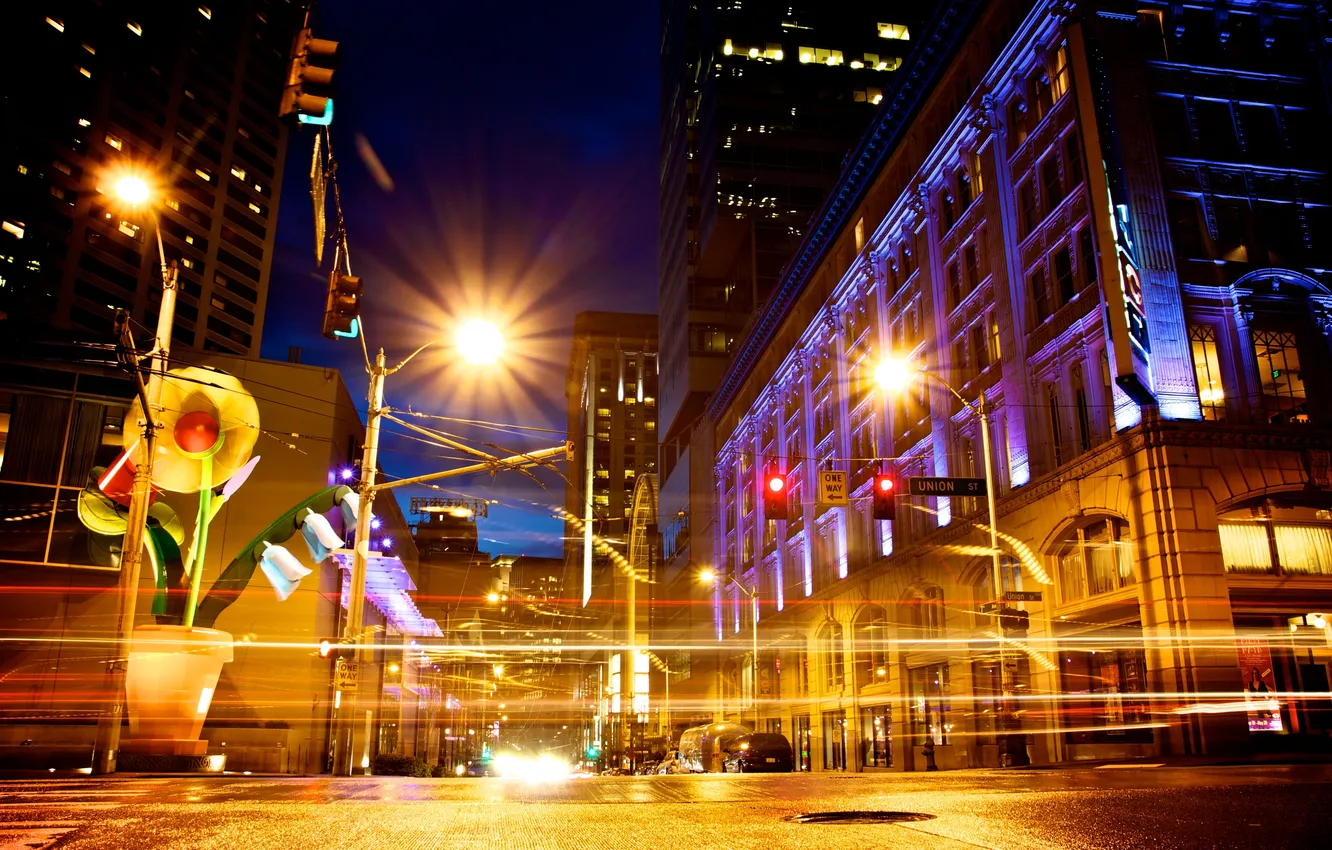 Photo wallpaper flowers, the city, street, lights, Orchid, Downtown, Seattle, monument