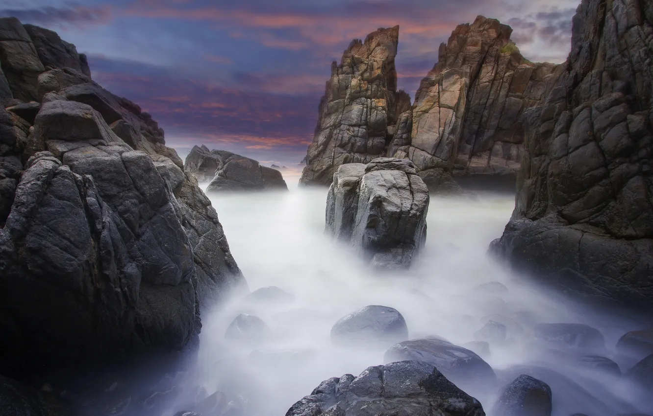 Photo wallpaper sea, night, rocks