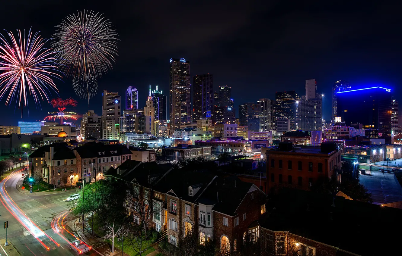 Photo wallpaper night, salute, USA, Dallas