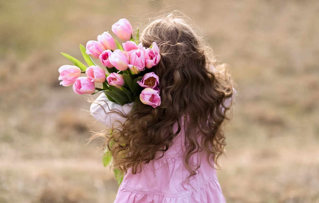 Photo wallpaper flowers, hair, dress, girl, tulips, pink, curls, sundress