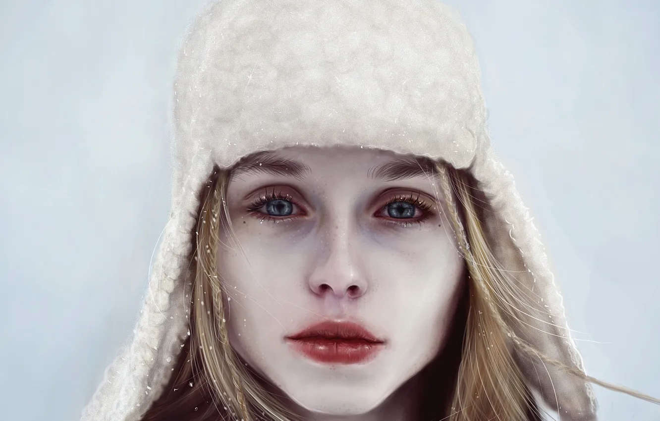 Photo wallpaper winter, look, girl, snow, face, hat, art, lips