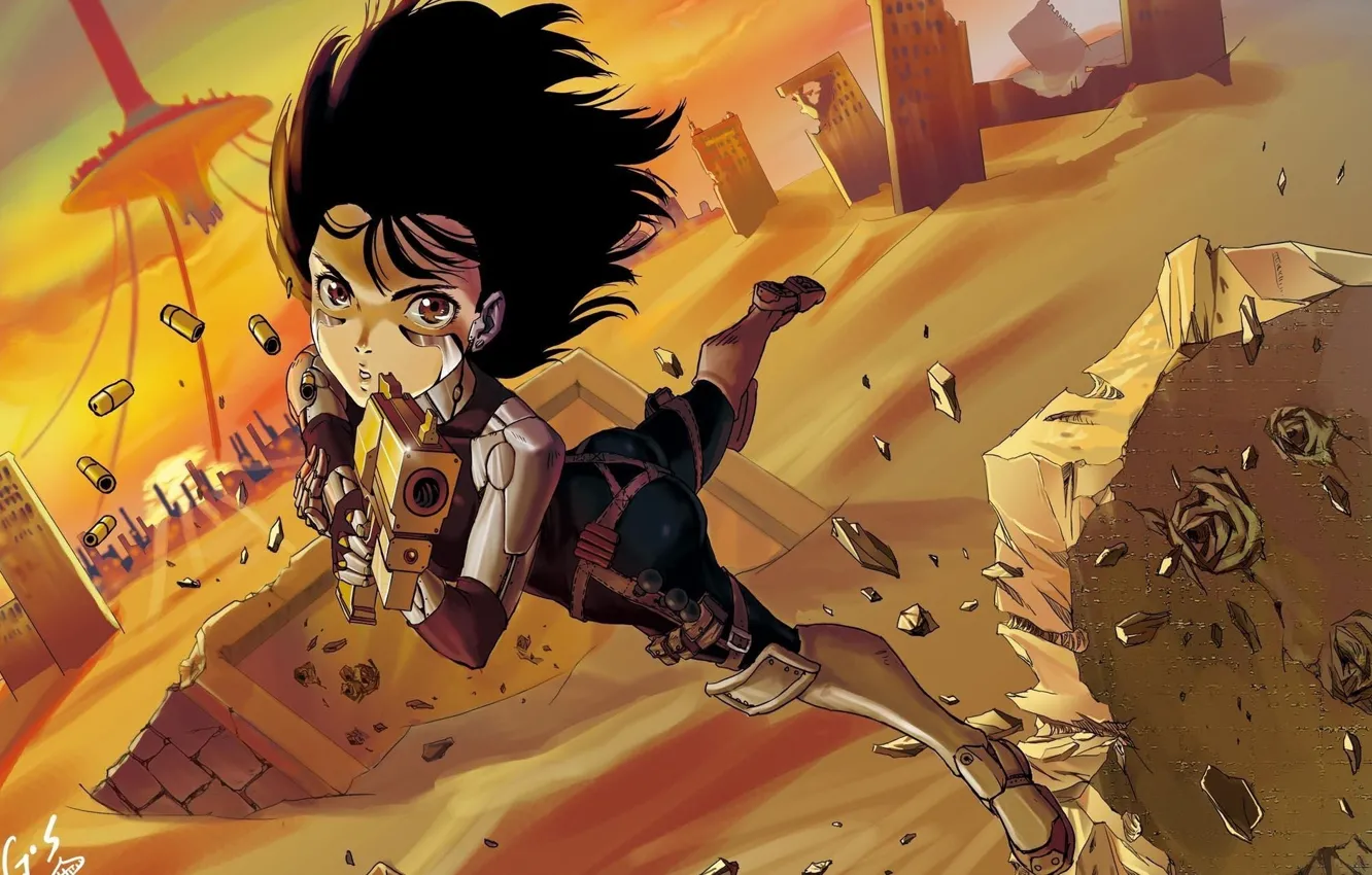 Photo wallpaper girl, orange, the city, gun, anime, bullets, black hair