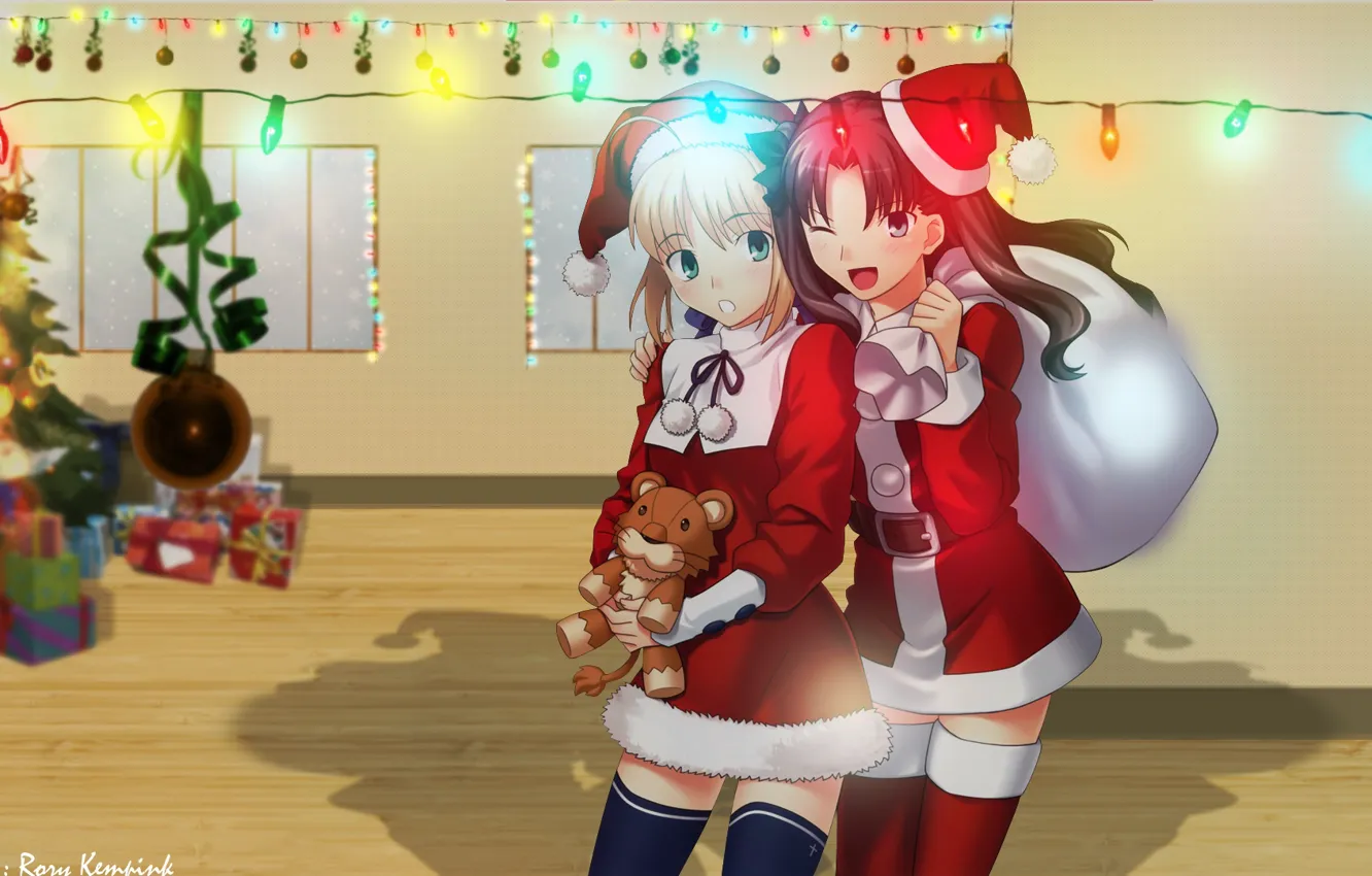 Photo wallpaper girl, new year, Christmas, maiden, garland, Rin, the saber, Fate stay night