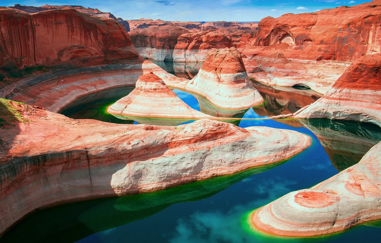 Photo wallpaper mountains, reflection, strip, blue, rocks, the slopes, color, pond