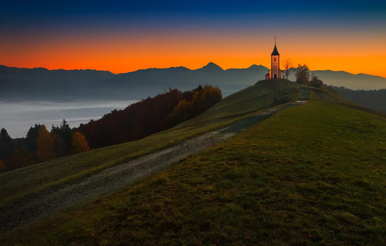 Photo wallpaper road, autumn, forest, sunset, mountains, hills, slope, Alps