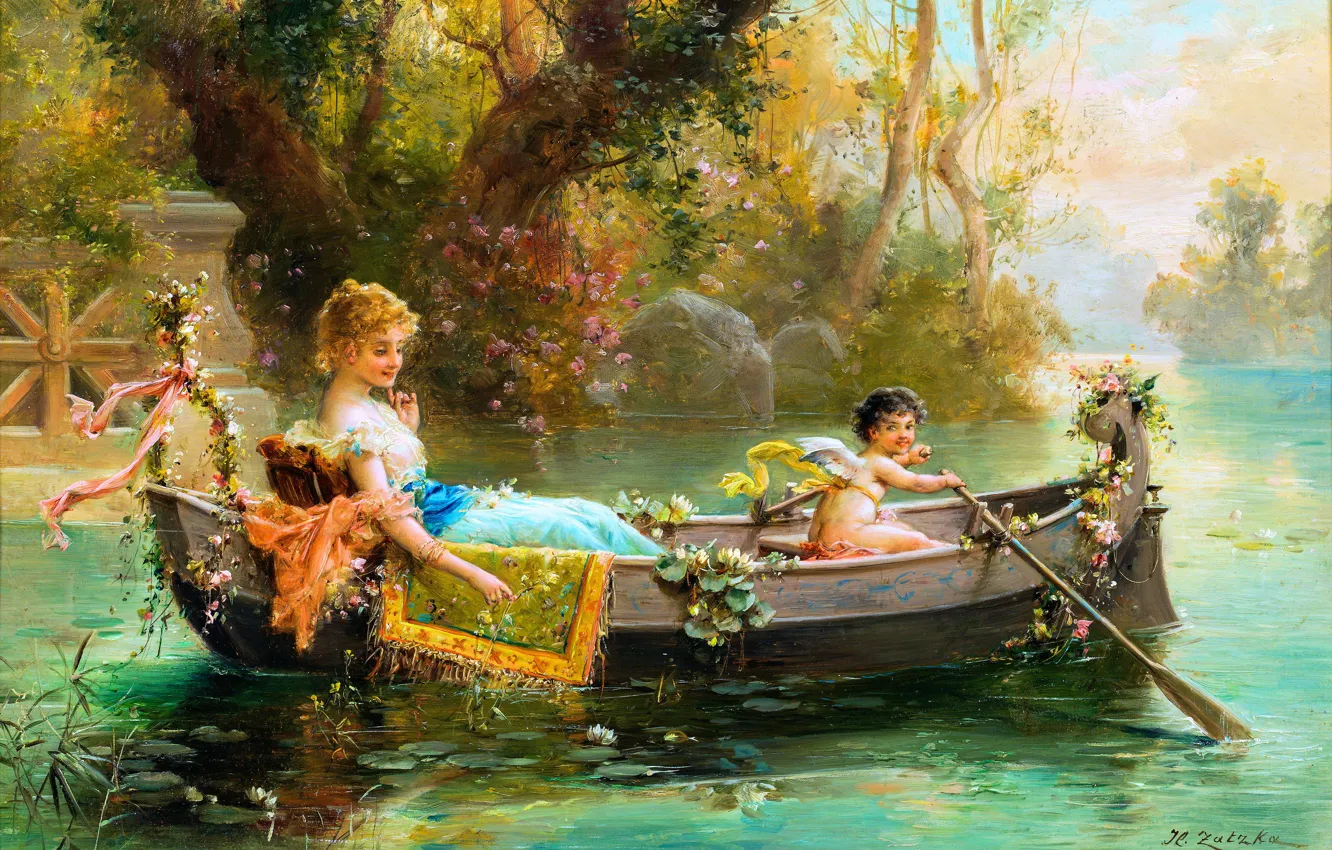 Photo wallpaper Girl, Lake, Boat, Picture, Hans Zatzka, Cupid, Austrian artist, Hans Zacka