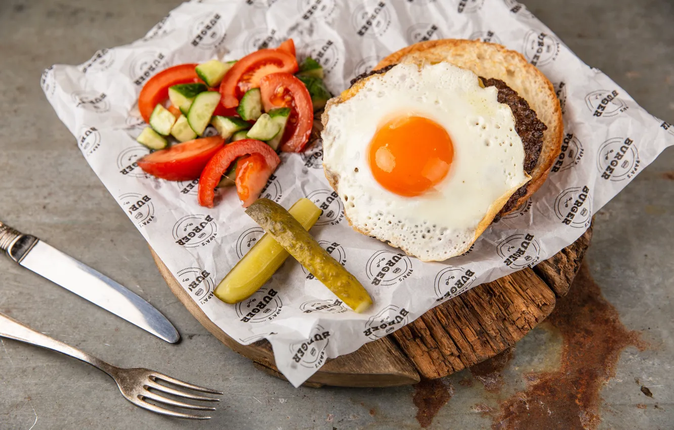 Photo wallpaper eggs, vegetables, roll, bacon, cucumbers