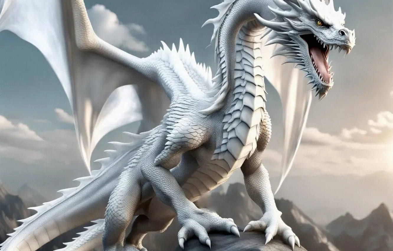 Photo wallpaper white, the sky, clouds, mountains, dragon, fantasy, mouth, AI art