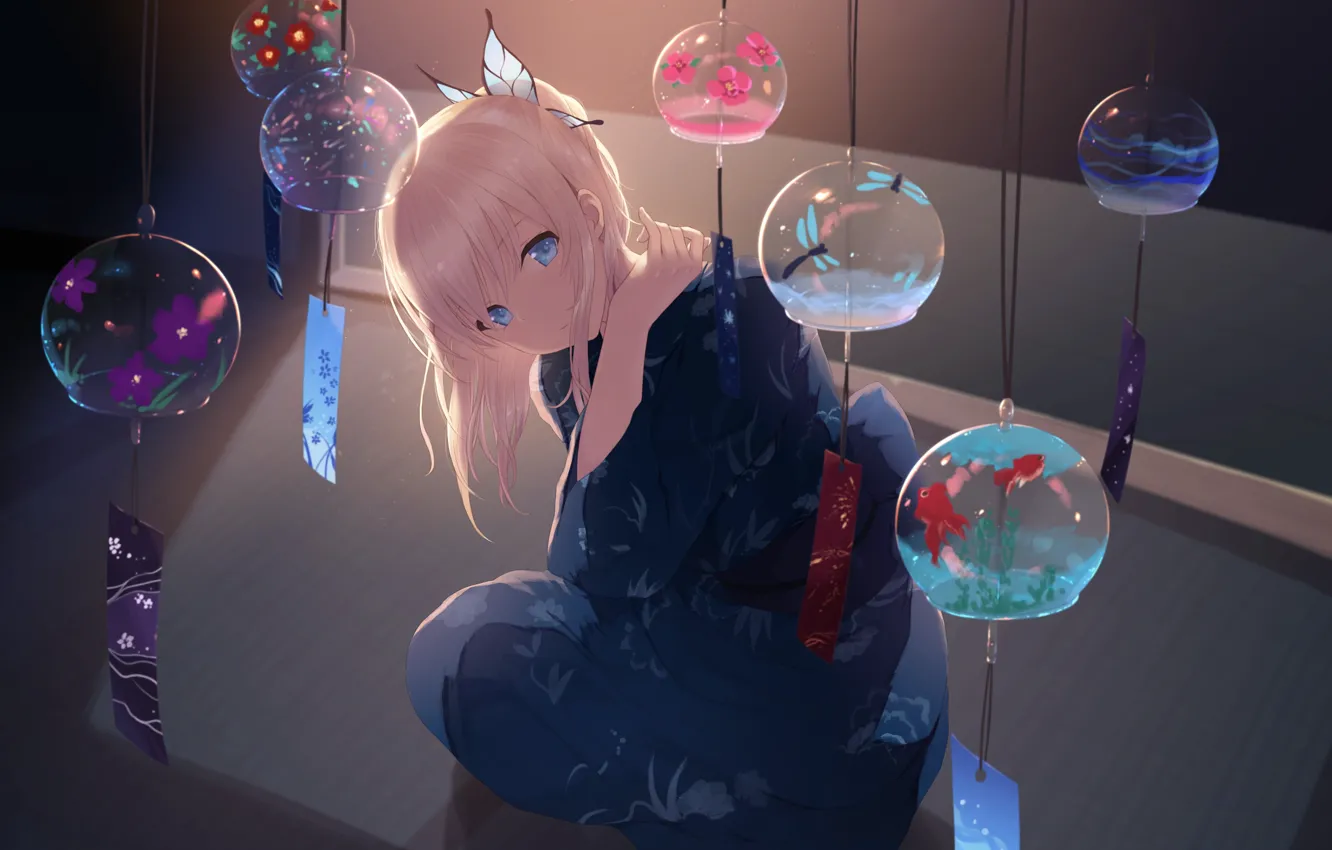 Photo wallpaper girl, fish, anime, art, kimono, boku wa tomodachi ga sukunai, kashiwazaki sena, cait