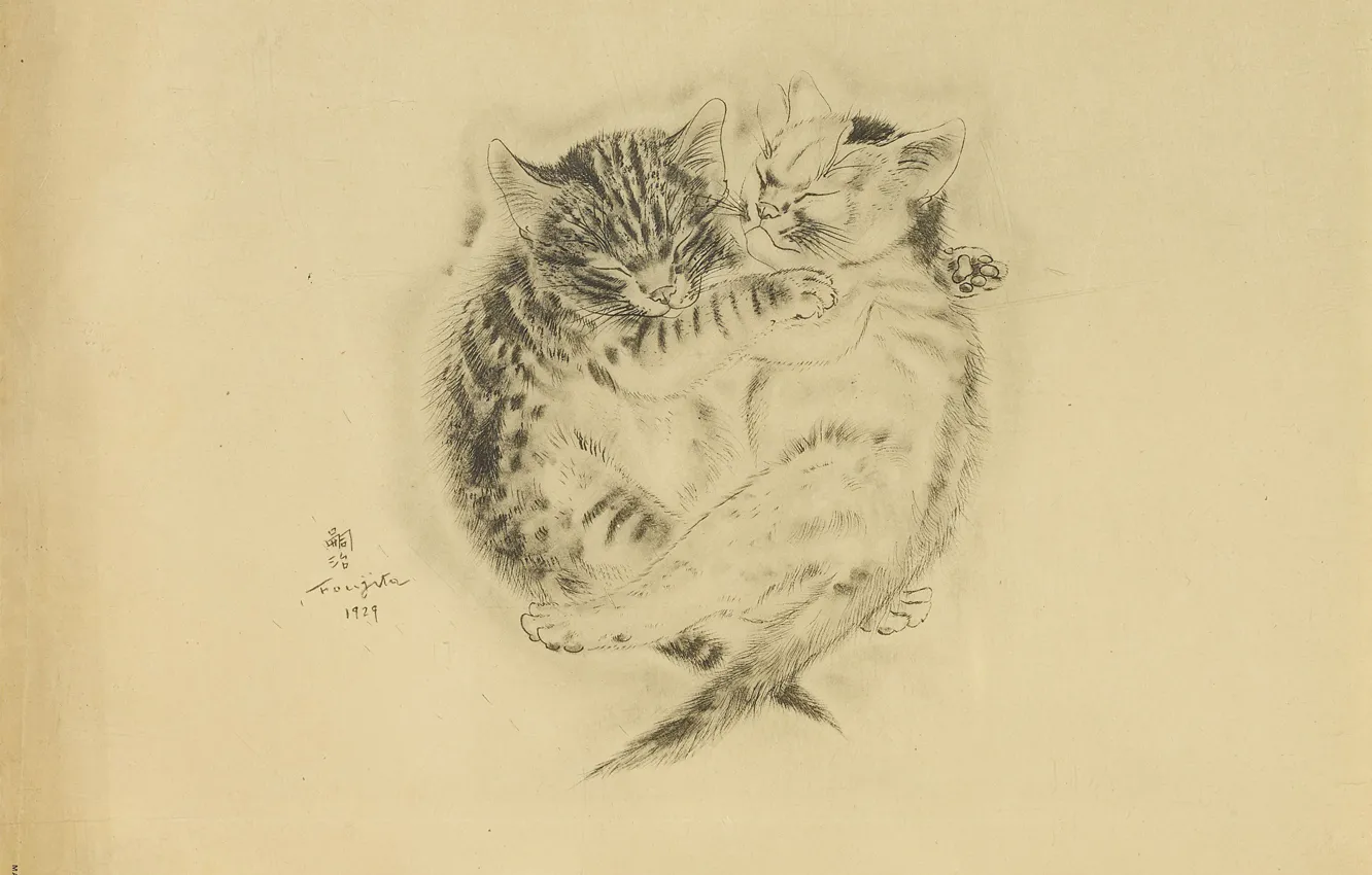 Photo wallpaper friendship, kittens, brothers, sleep, 1929, Tsuguharu, Fujita, The Book Of Cats