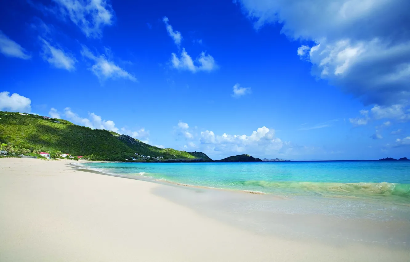 Photo wallpaper sand, beach, the sky, mountains, the ocean, shore