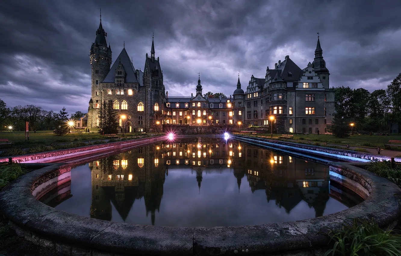 Photo wallpaper water, night, clouds, reflection, tower, pool, lighting, Poland