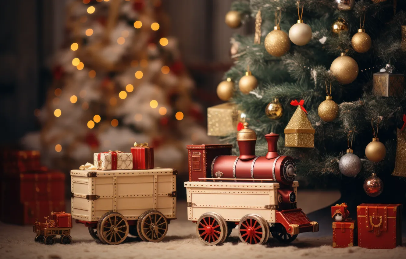 Photo wallpaper toy, new year, train, the engine, Christmas, train, herringbone, Christmas tree