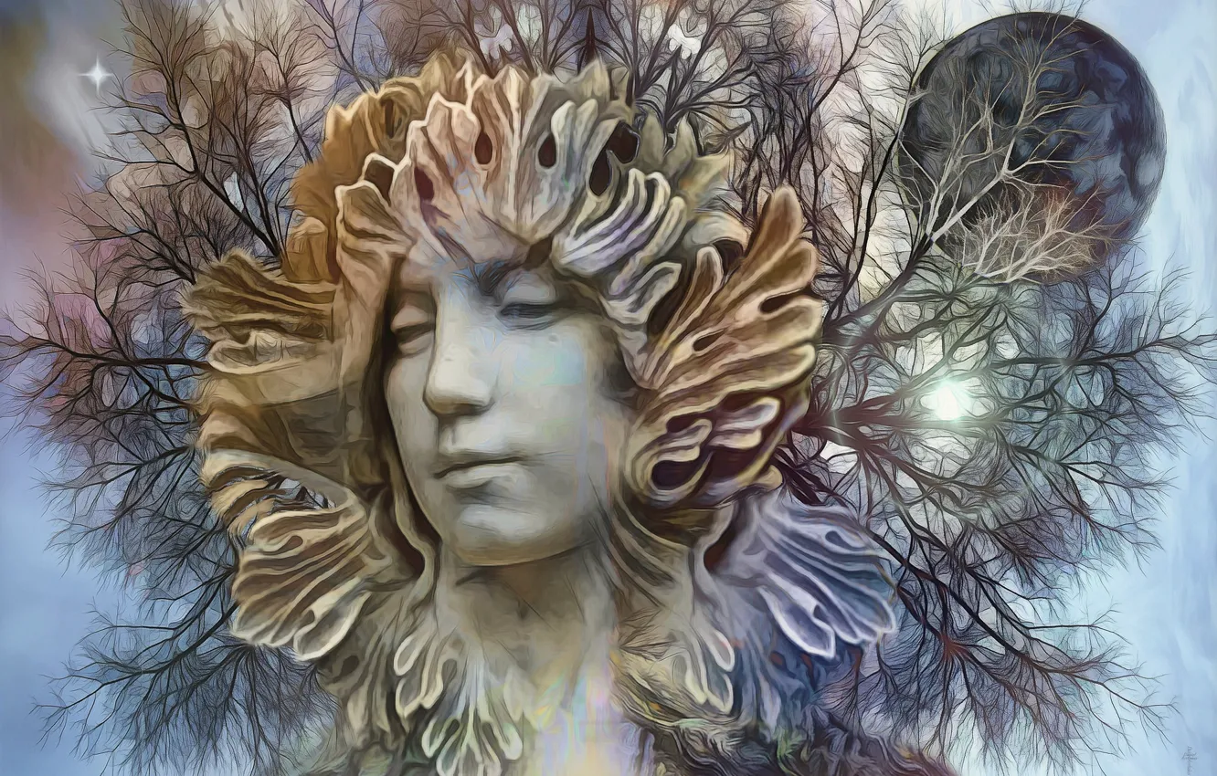 Photo wallpaper trees, face, the moon, sculpture