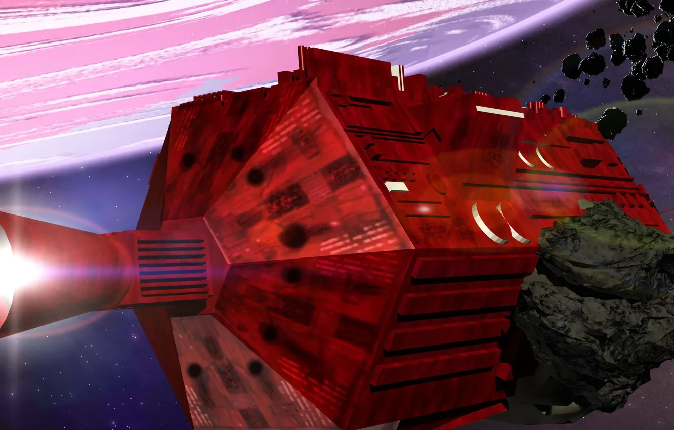 Photo wallpaper spaceship, planet, asteroids, the small rouge one