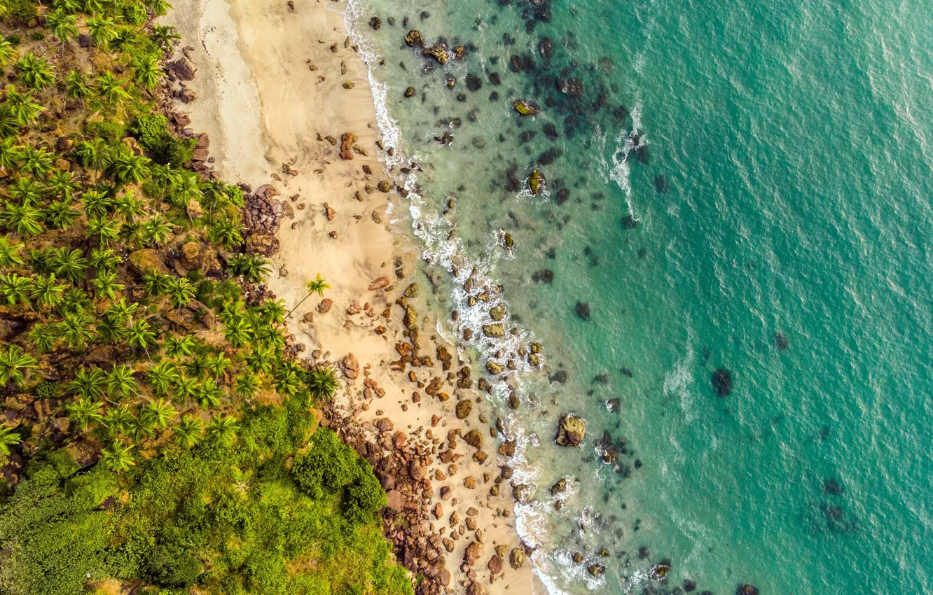 Photo wallpaper waves, beach, rocks, sand, tide, tropical, aerial view