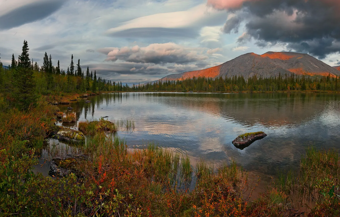 Photo wallpaper autumn, clouds, landscape, sunset, mountains, nature, lake, vegetation