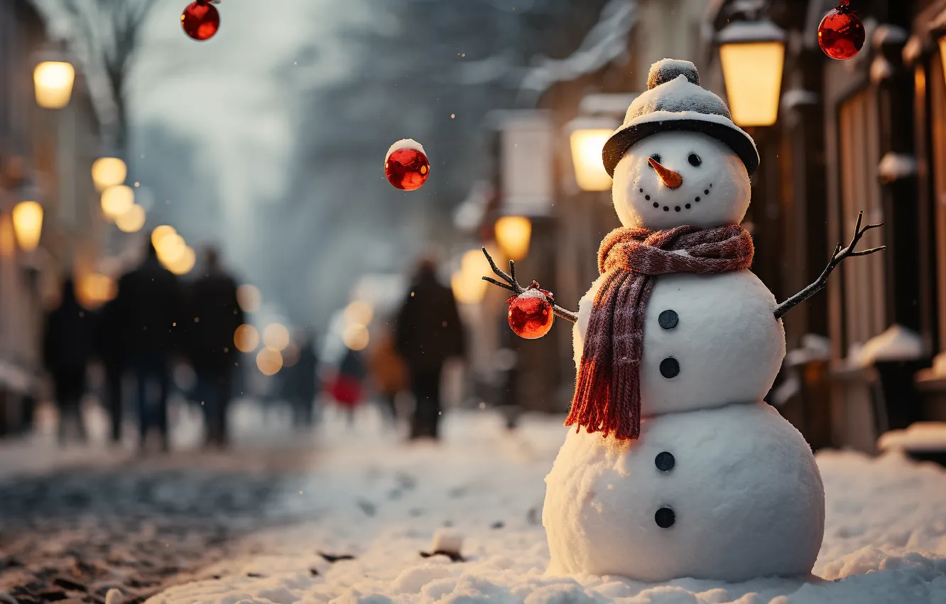 Photo wallpaper winter, snow, street, new year, Christmas, snowman, Christmas, night