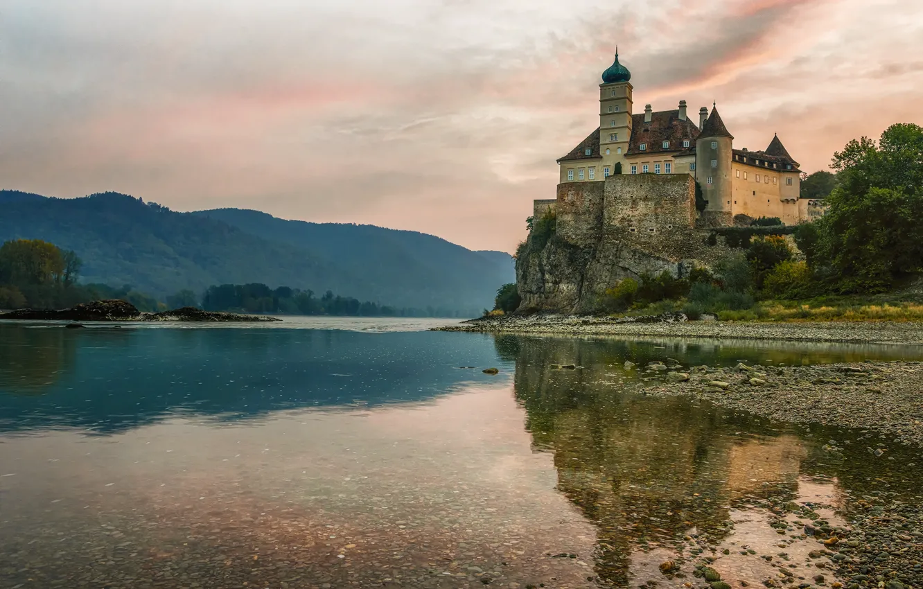 Photo wallpaper landscape, mountains, nature, river, castle, morning, Austria, The Danube