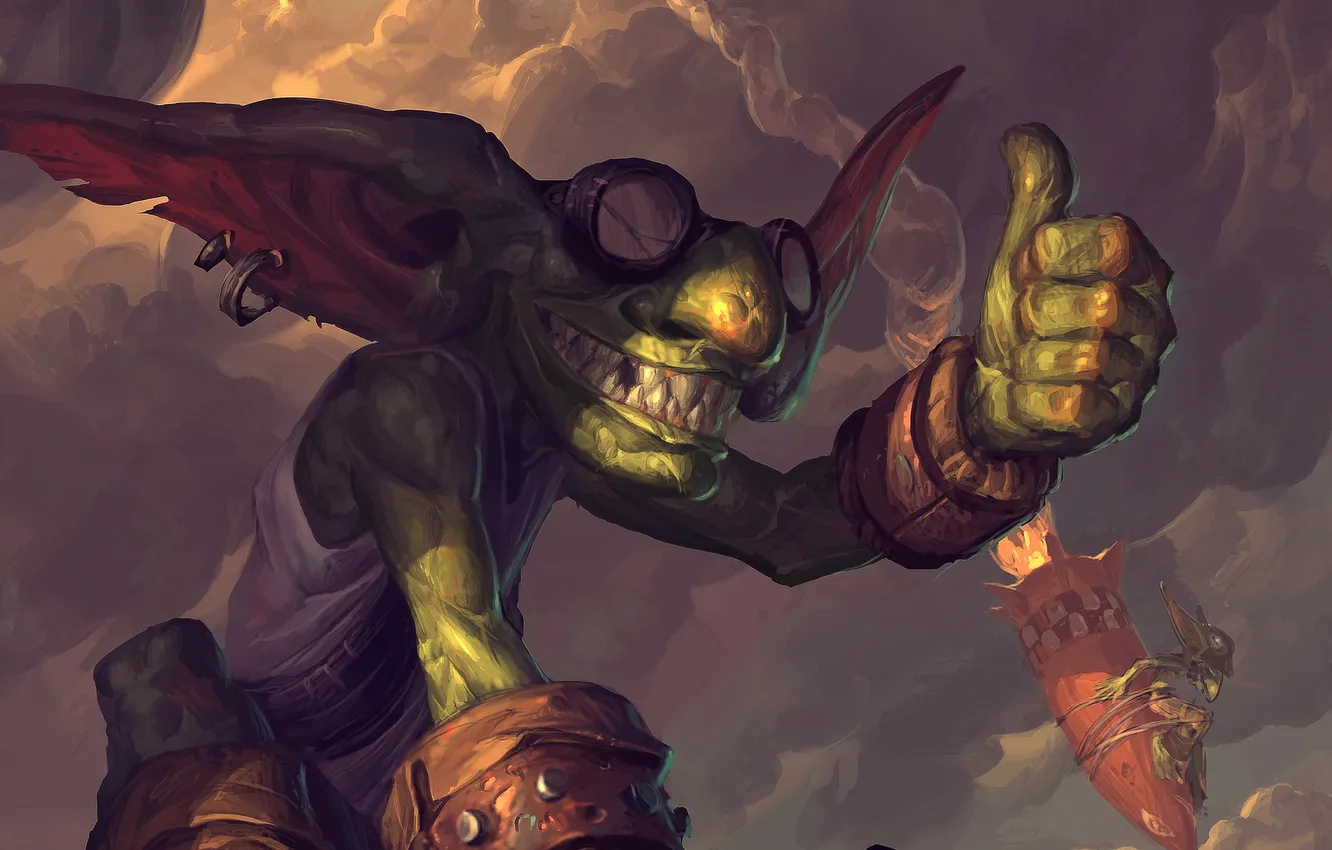 Photo wallpaper smoke, earrings, rocket, art, glasses, Goblin, Hearthstone, Goblin vs Gnomes