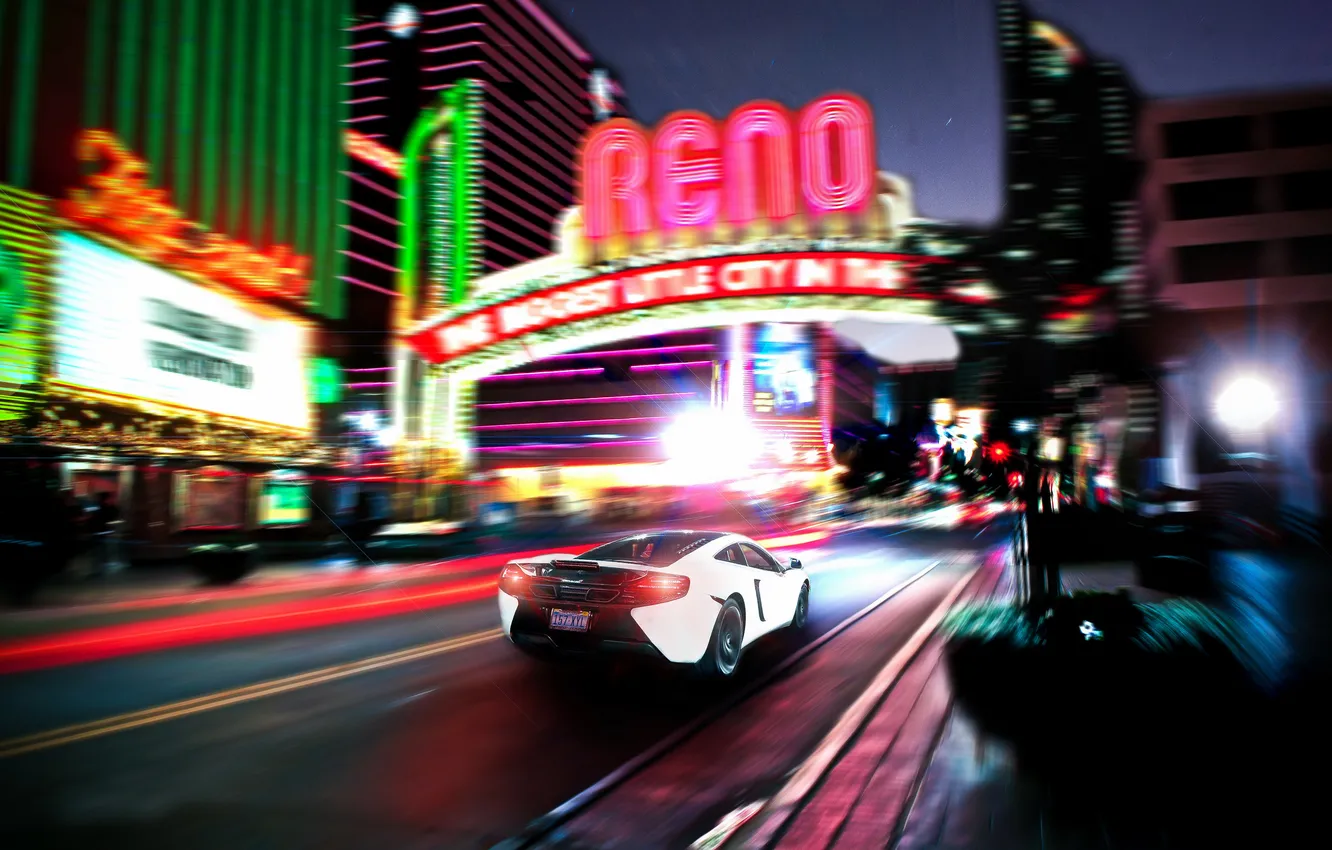 Photo wallpaper night, the city, in motion, McLaren, McLaren MP4-12C, Supercar