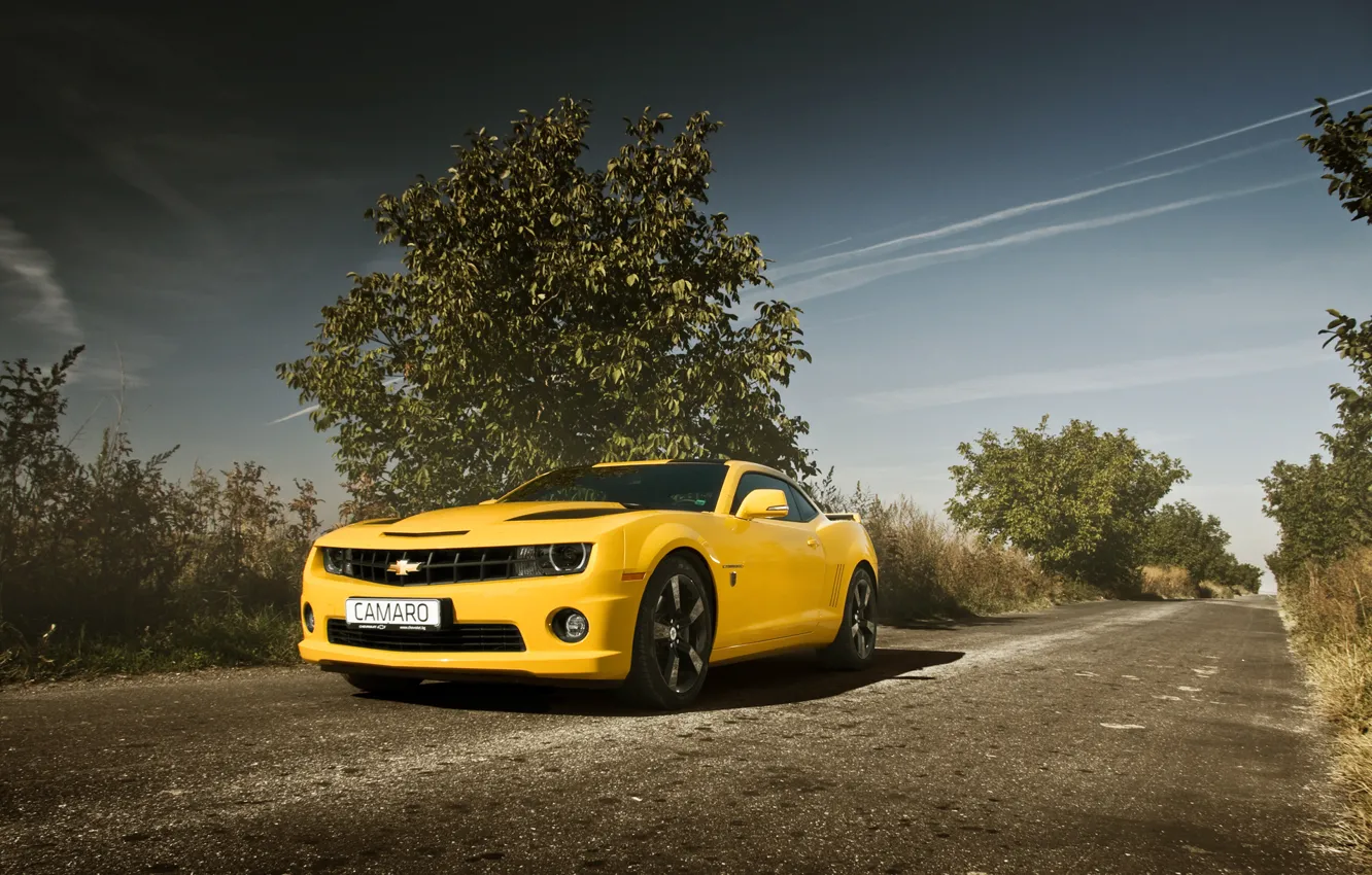 Photo wallpaper road, auto, yellow, Chevrolet, camaro, chevrolet, muscle car, Camaro