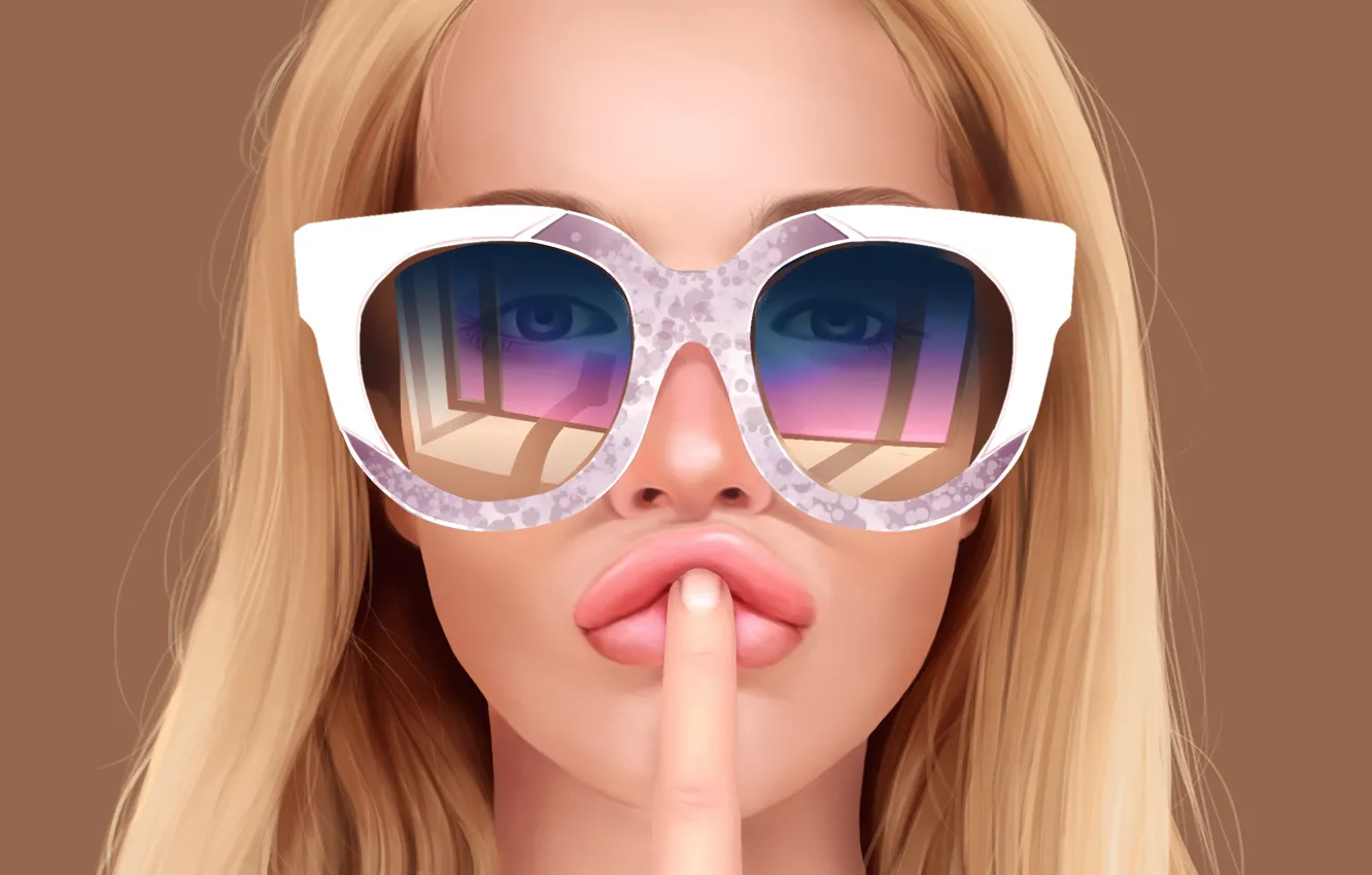 Photo wallpaper girl, face, art, glasses, finger, gesture