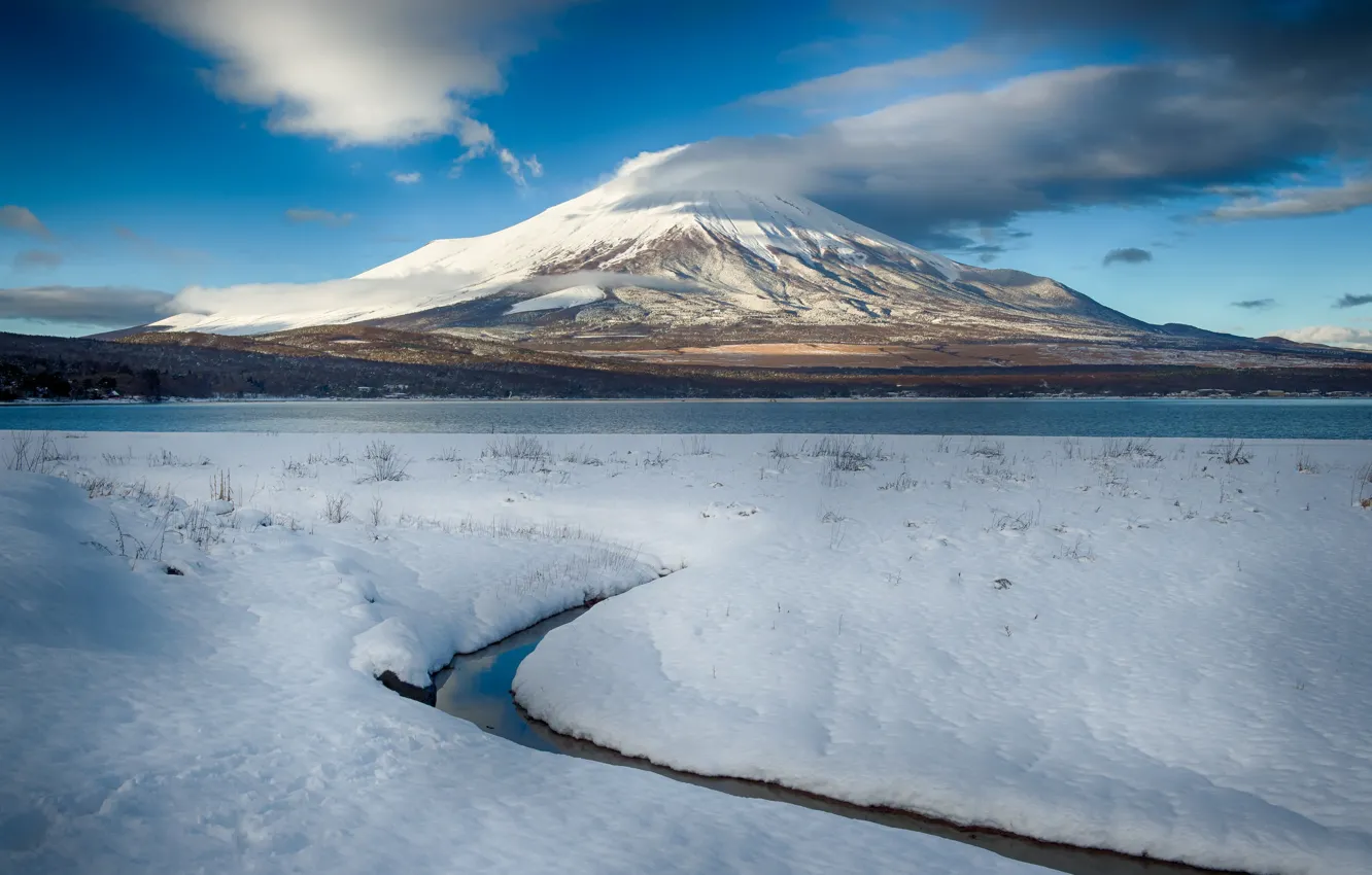 Photo wallpaper winter, clouds, mountains, the volcano