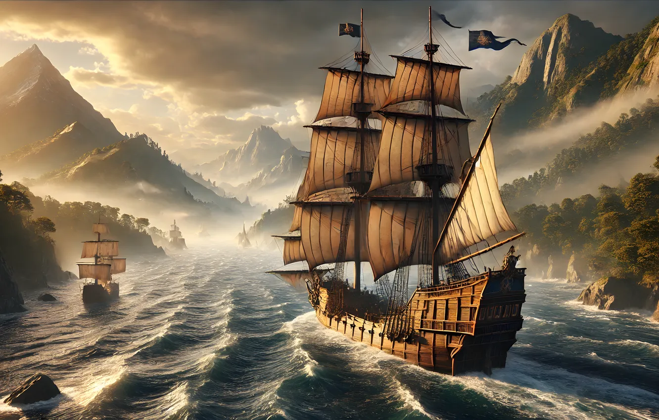 Photo wallpaper sea, wave, mountains, ship, AI art, neural network