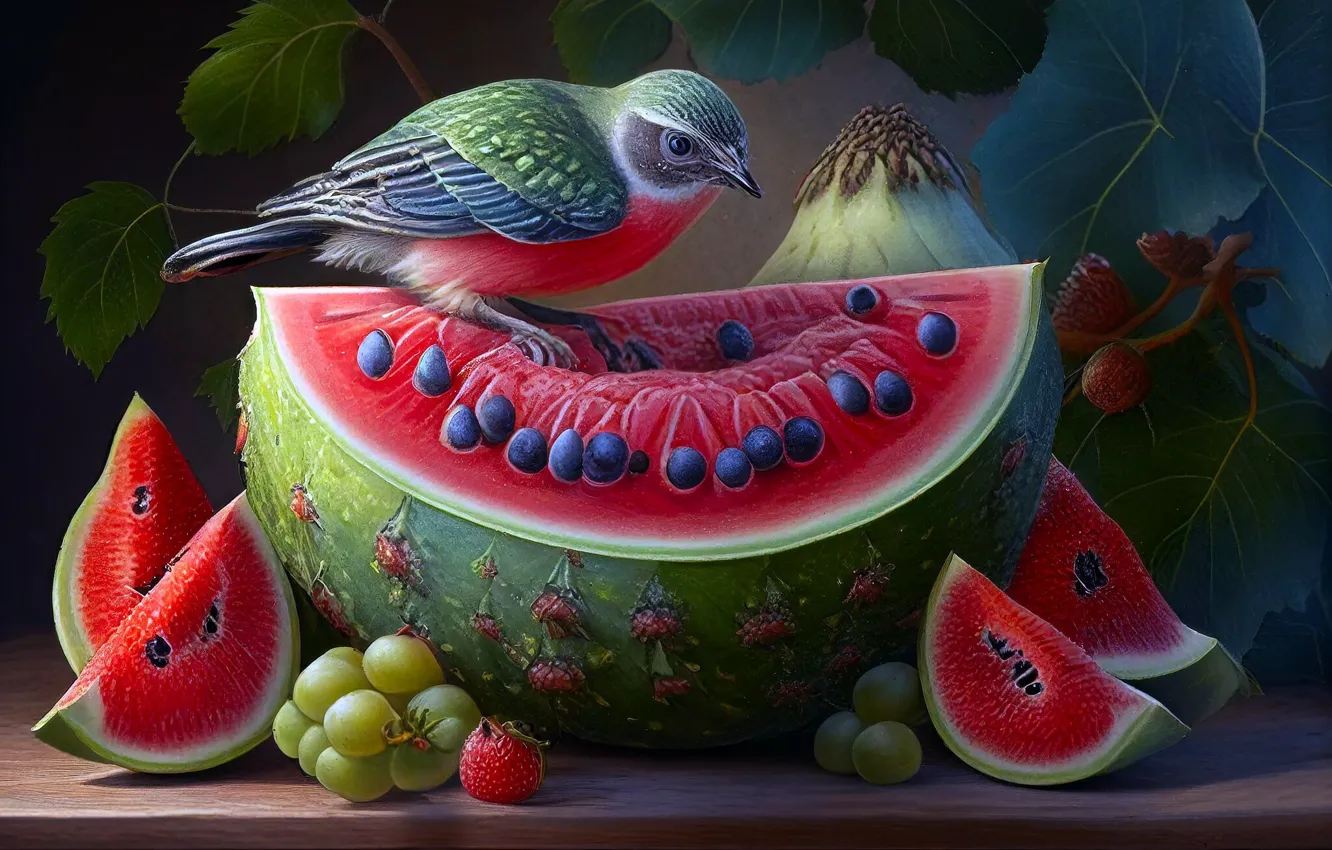 Photo wallpaper bird, watermelon, fruit, AI art, neural network