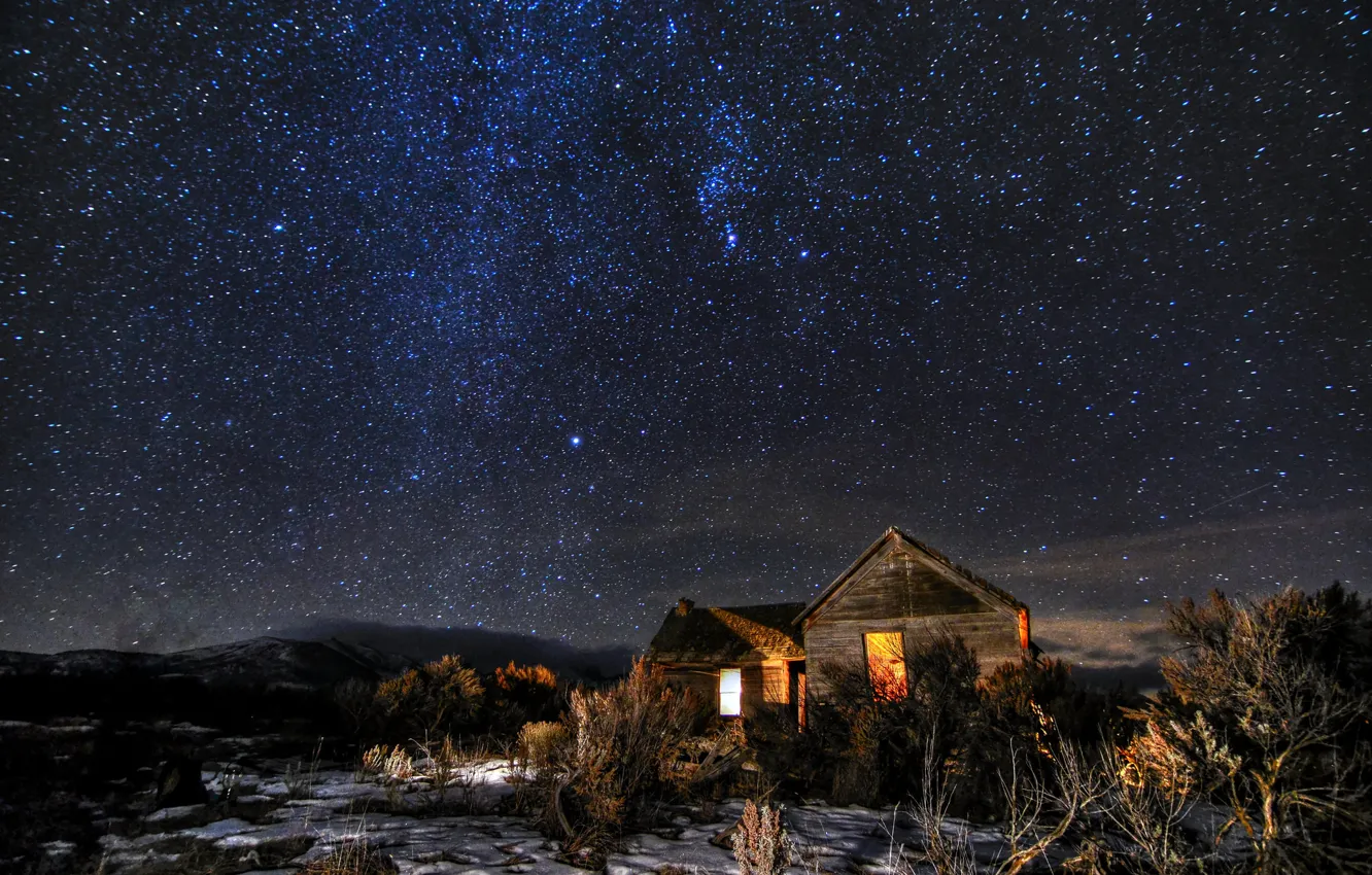Photo wallpaper space, stars, night, house, the bushes