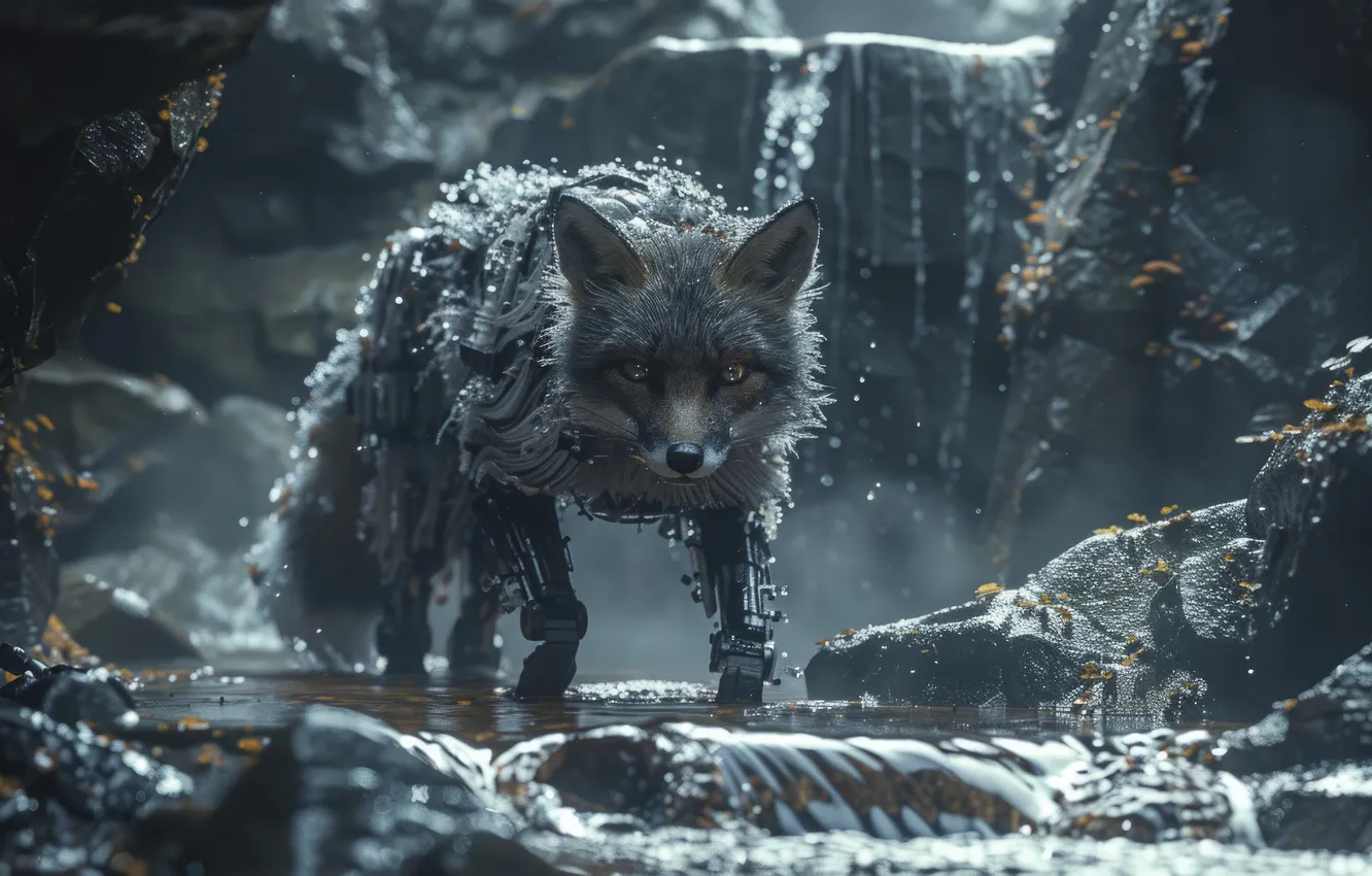 Photo wallpaper look, water, robot, Fox, fantasy, digital art, AI art, The Art of Artificial Intelligence