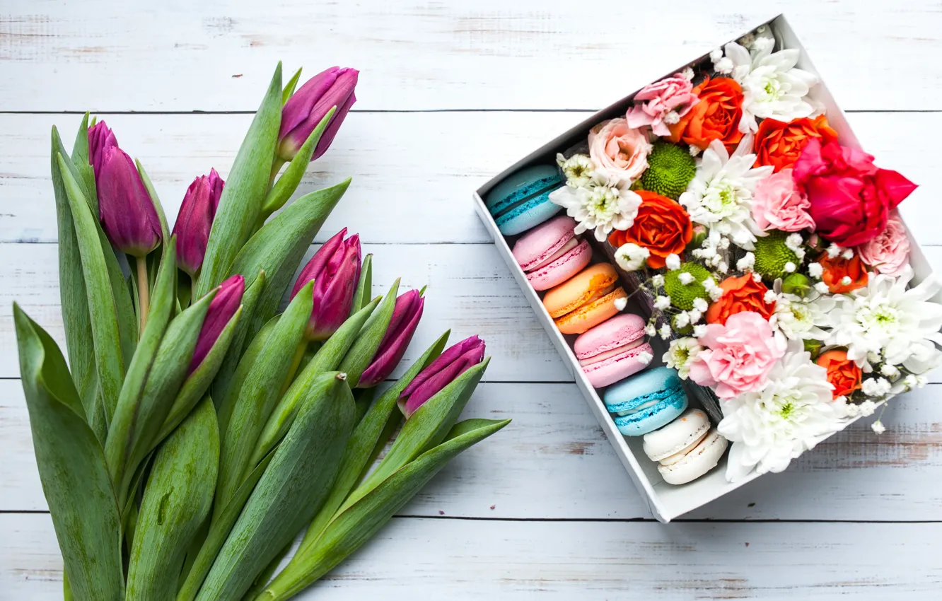 Photo wallpaper box, gift, roses, bouquet, tulips, flower, beautiful, decor