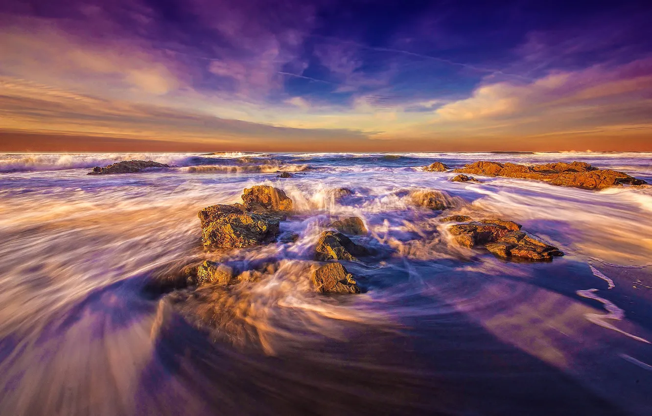 Photo wallpaper sea, the sky, clouds, stones, rocks
